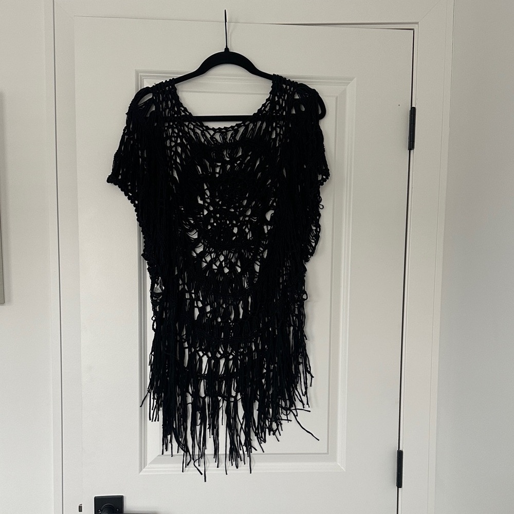 SHEIN Black Crochet Fringe Top